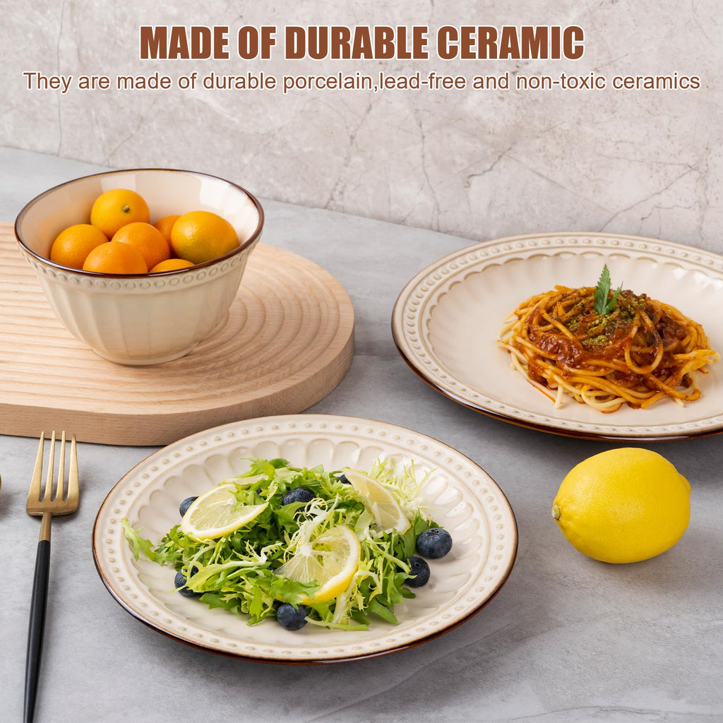 Dinnerware Set Cream White 12 Pieces Service for 4, Stoneware Plates and Bowls Set Stoneware Set, Dishwasher