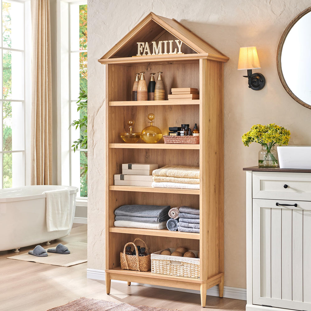 75.9" Tall Angled Arch Bookshelf, 5 Tiers Geometric Large Bookcase with Storage, Modern Triangular Top with
