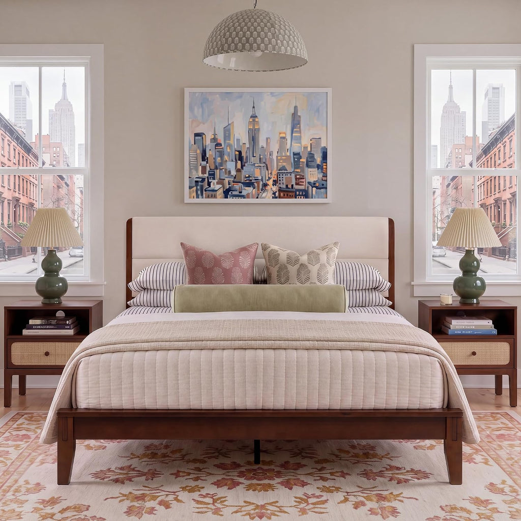 Japanese-Inspired Joinery Bed Frame with Upholstered Headboard
