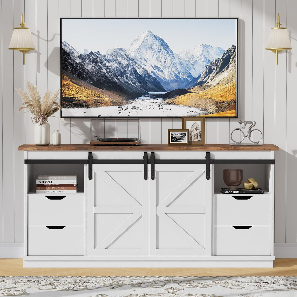 TV Stand for 65" TV, 4 Drawers, Sliding Barn Doors, Bright White