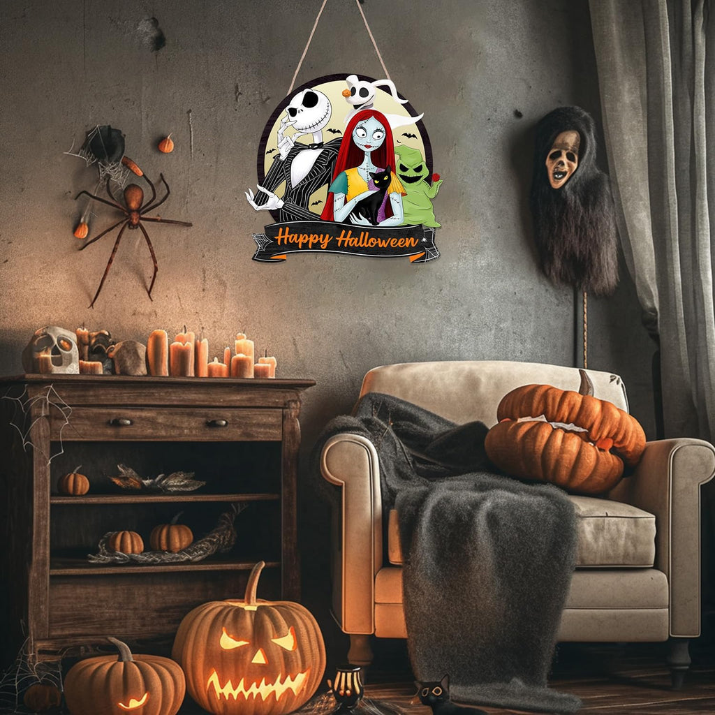 Halloween Door Sign Cartoon Nightmore Wreath Decorations ,Happy Halloween Hanging Signs Front Door Decor ,Rustic