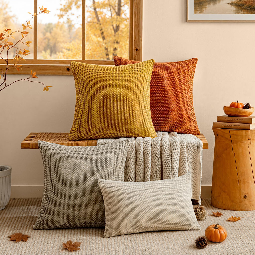 Fall Mustard Yellow Chenille Throw Pillow Covers 22x22 Inch Pack of 2 Modern Decorative Throw Pillow Covers Farmhouse