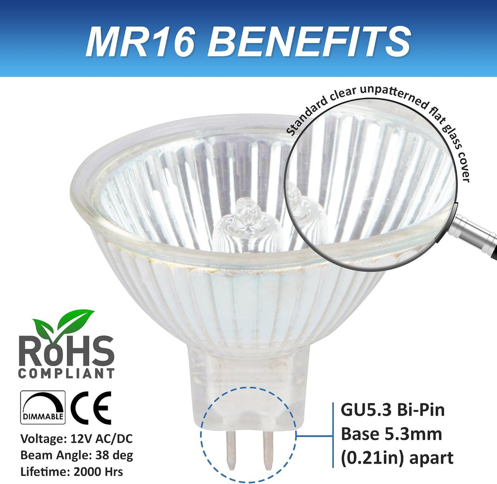 Halogen MR16 20W 12V Light Bulbs, GU5.3 Base, 2700K, 6 Pack