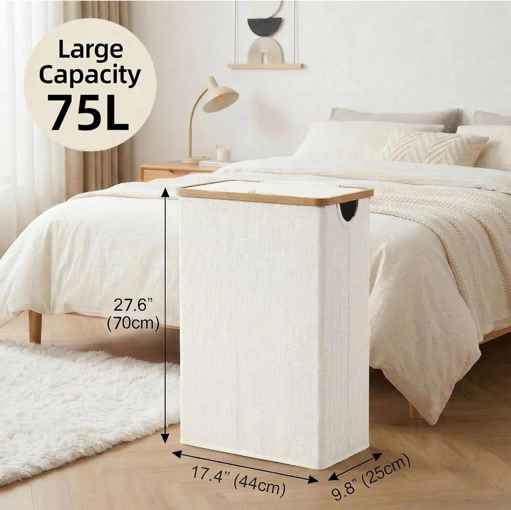 Slim Laundry Basket with Lid, Narrow Laundry Hamper with Removable Bag, Skinny Dirty Clothes Basket with Bamboo