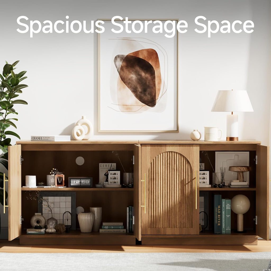 Modern Buffet Cabinet with Storage, 63"Sideboard Cabinet with Fluted Arched Doors & Adjustable Shelves, Wooden