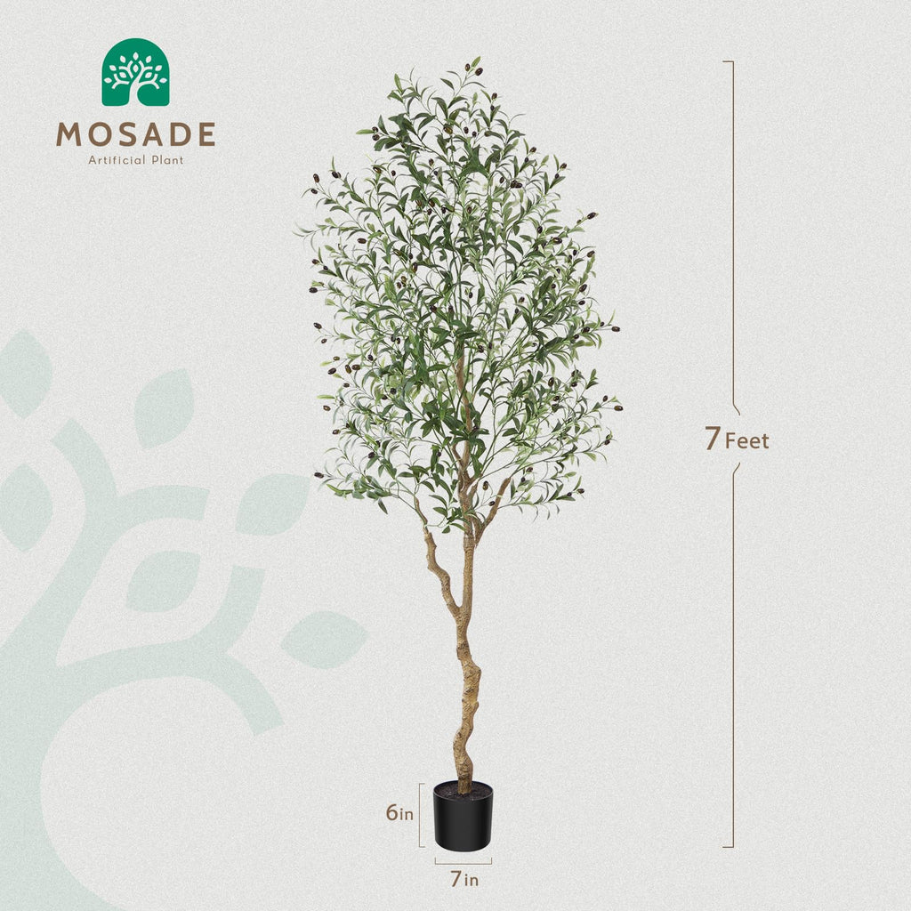 Artificial Olive Tree 7 Feet Fake Olive Silk Plant and Handmade Seagrass Basket, Perfect Tall Faux Topiary Silk Tree
