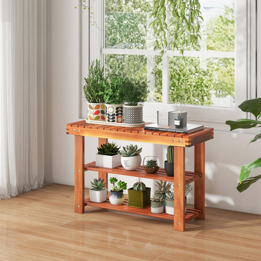 Acacia Wood 3-Tier Shoe Rack Bench, Walnut