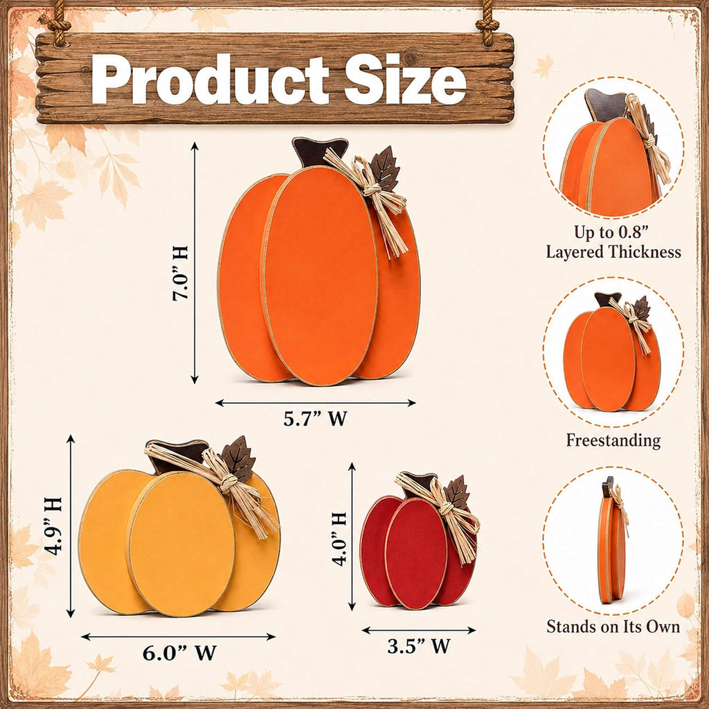 Wooden Pumpkin Fall Decor, 3-Piece Indoor Fall Decorations, Rustic Harvest Autumn Thanksgiving Pumpkin Signs - Set of 3