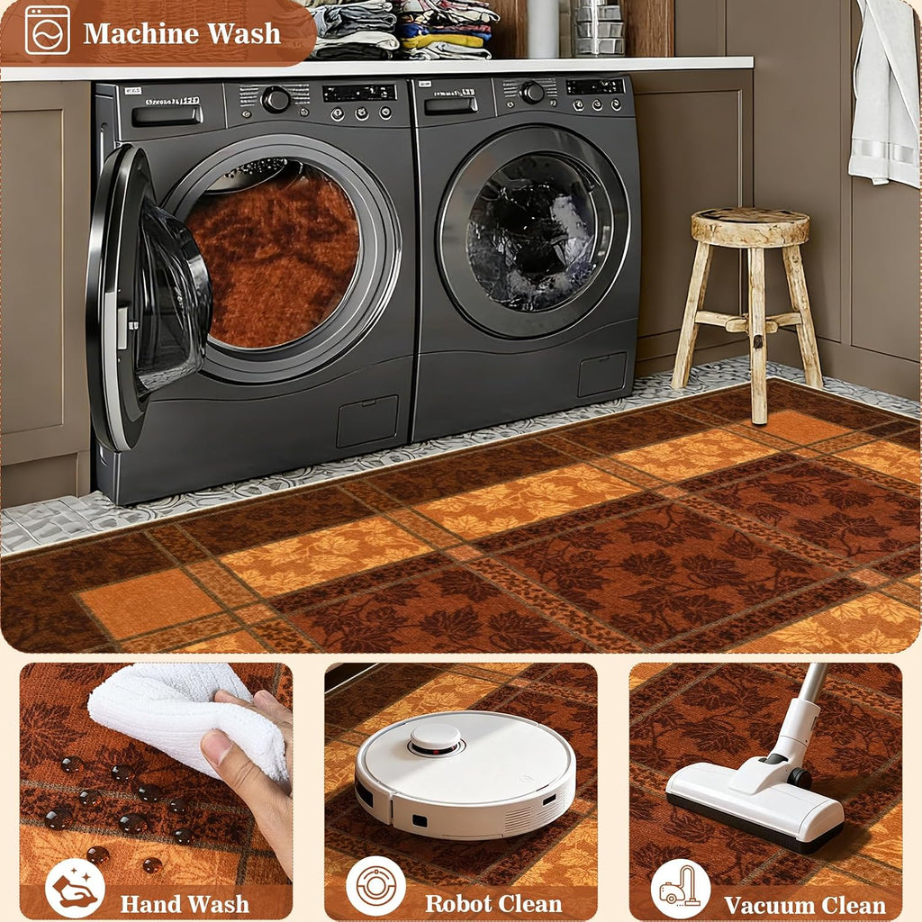 Fall Area Rug, Plaid Washable Rugs Orange