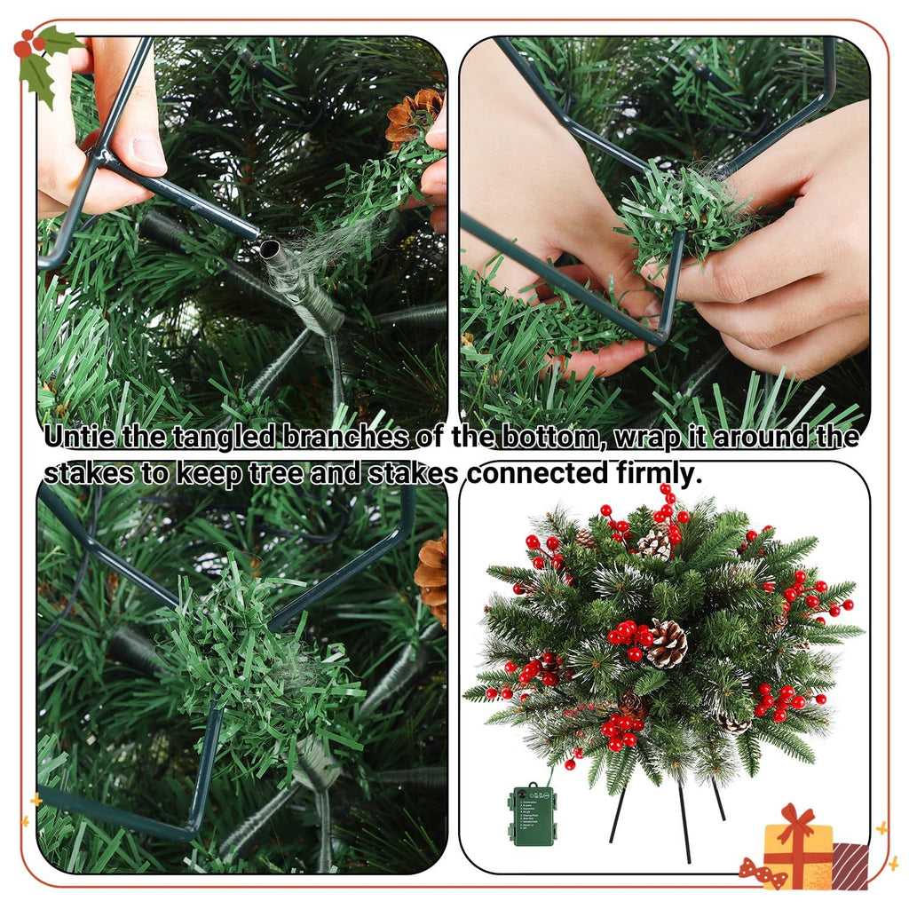 2 Pack Pre-lit Christmas Tree Urn Filler, Lighted Artificial Xmas Pine Trees with Tripod Stake, 8 Modes & Timer