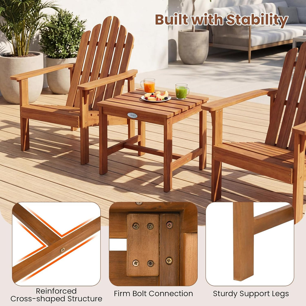 Adirondack Chair Set of 2 with Side Table (3 pcs,Natural) | Outdoor Patio Chairs, Solid Acacia Wood Fire Pit Seating