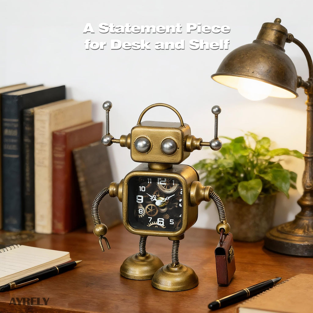 Industrial Steampunk Robot Table Clock, Battery Operated Handcrafted Metal Desk&Shelf Clock, Retro Mechanical