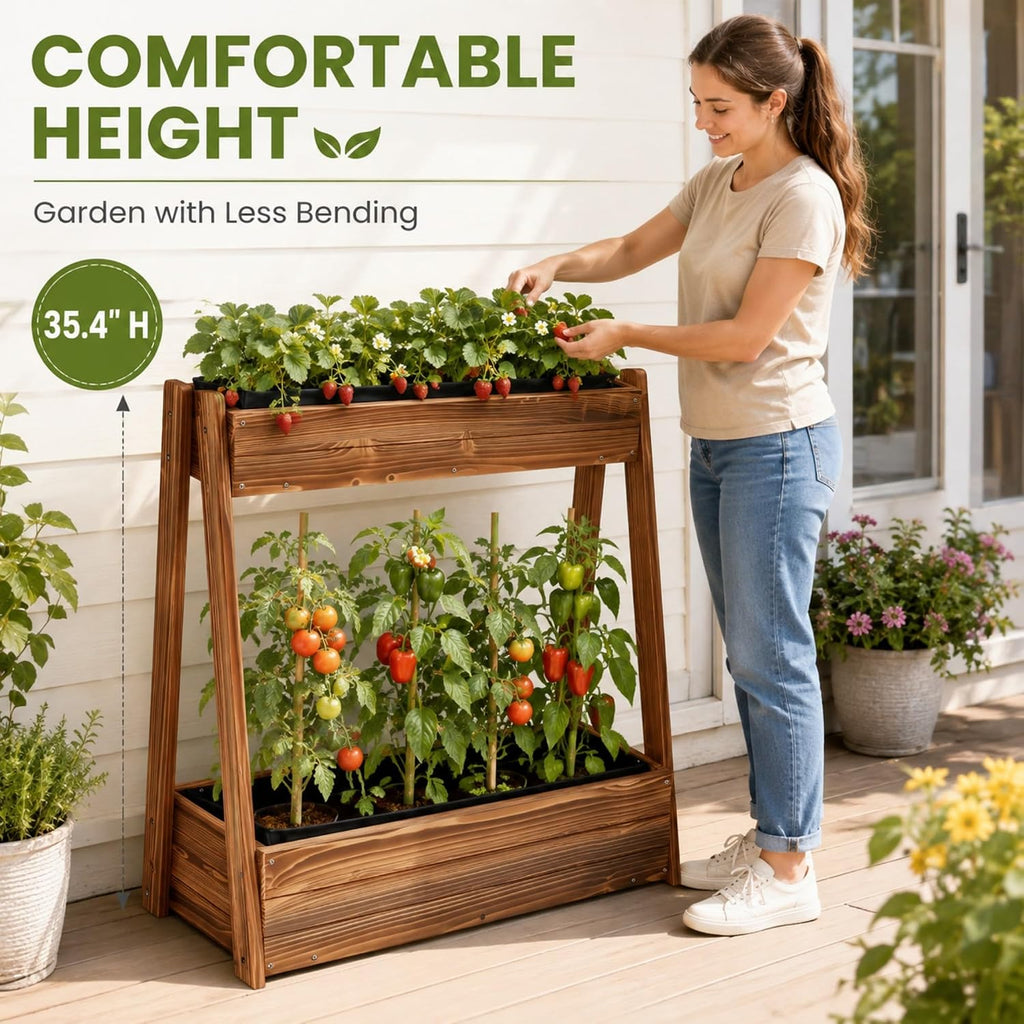 36" 2-Tier Fir Wood Elevated Raised Garden Bed | Outdoor Wood Planter Box for Vegetables Herbs Flowers, Tall Planter