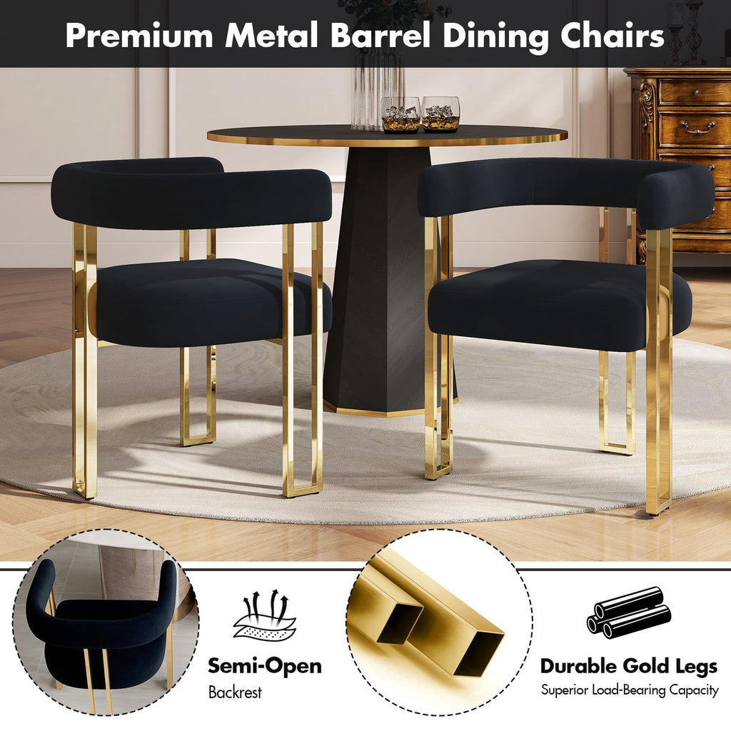 Set of 4 Black and Gold Modern Dining Chairs, Velvet Upholstered Barrel Armchairs with Metal Legs Island, Mid Century