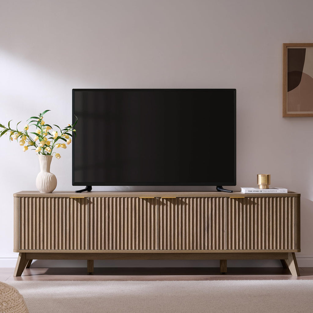 70" Mid Century Modern Fluted TV Stand, 4-Door Storage, Alder Grey