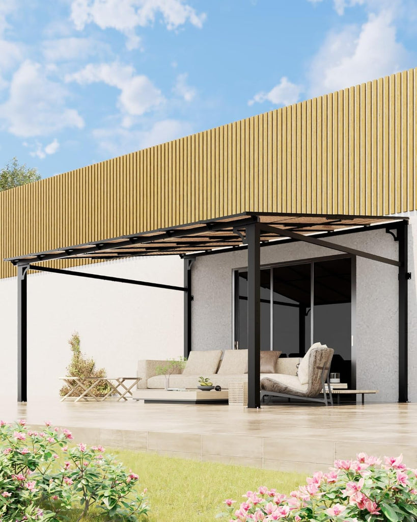 10 ft x 12 ft Lean to Gazebo, Hardtop Wall Pergola with Polycarbonate Roof, Aluminum Frame Mounted Gazebo for Lawn Patio Deck Yard and Party