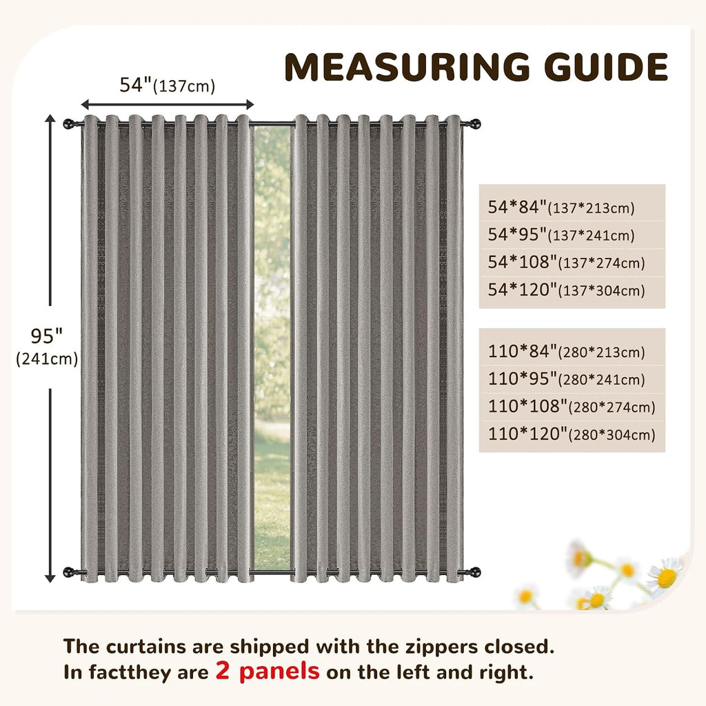 Linen Outdoor Curtains Waterproof with Zipper Blackout Curtains 2 Panels Top & Bottom Grommet Patio Outdoor Privacy