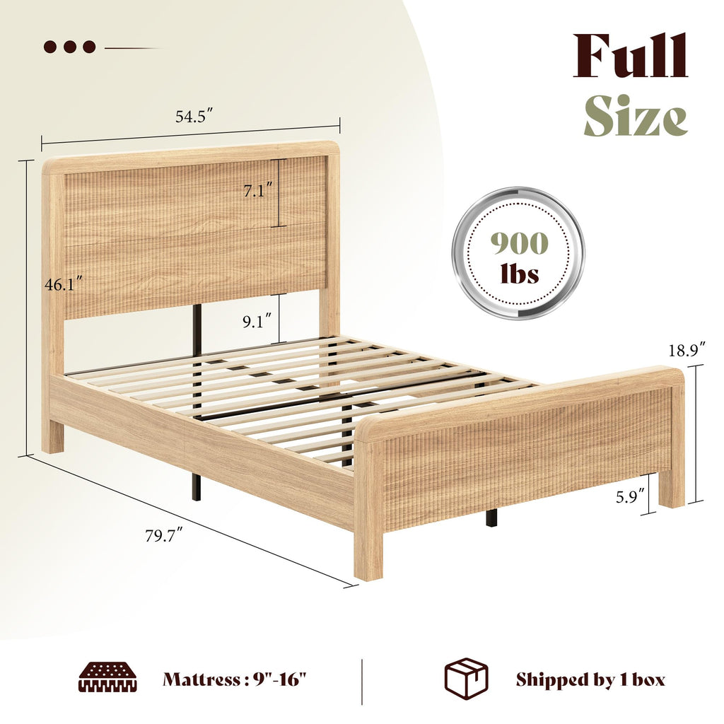 Wood Full Size Bed Frame with Fluted Headboard & Footboard, Oak