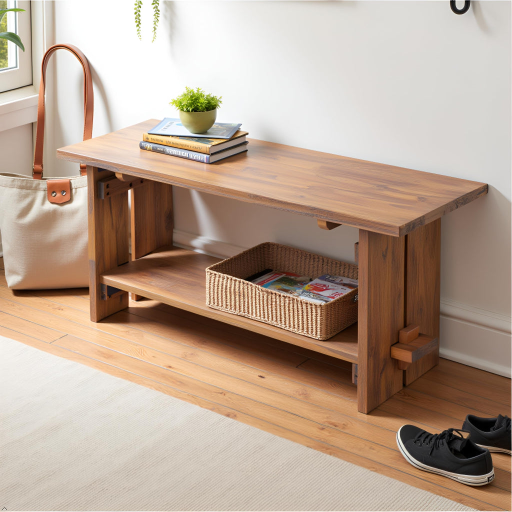 Bethel Rustic Solid Wood Entryway Bench with Shelf, Natural
