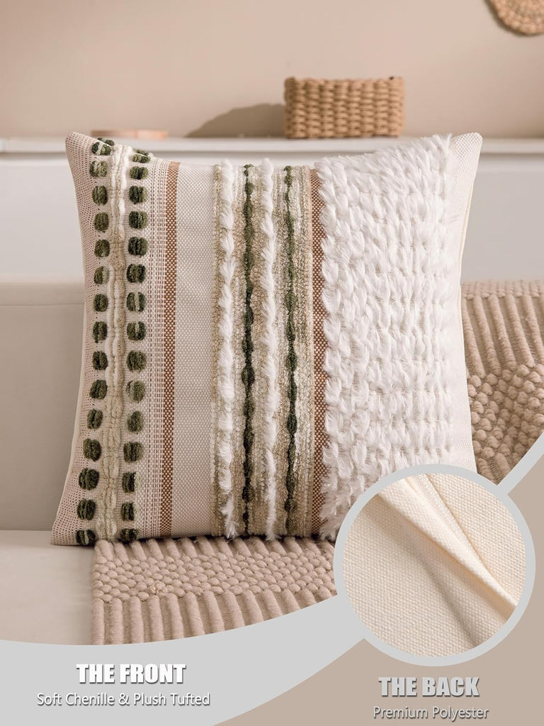Boho Chenille Tufted Couch Throw Pillow Covers 18x18 Inch Set of 2 Farmhouse Striped Decorative Pillow Covers Accent