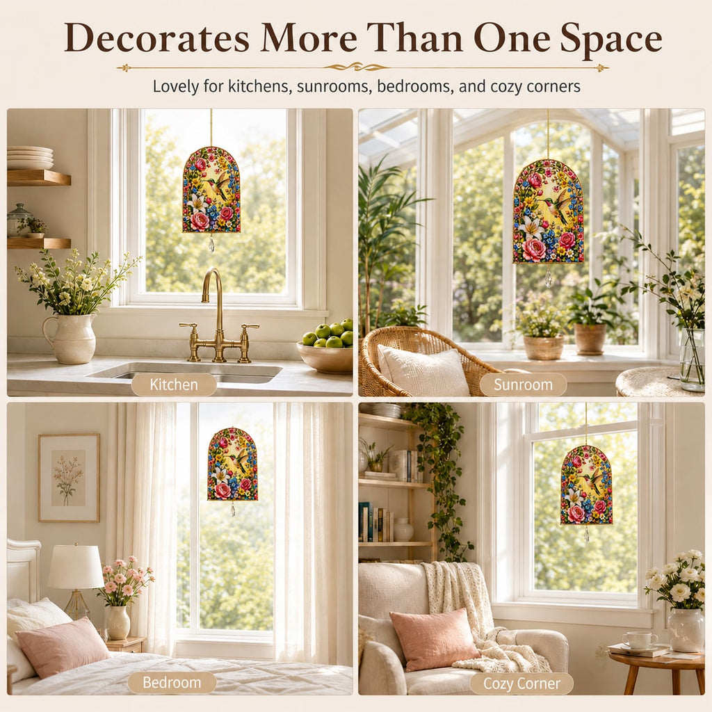 Hummingbird Suncatcher for Windows, Double Sided Tempered Glass Window Hanging, Floral Bird Stained Glass Style Sun
