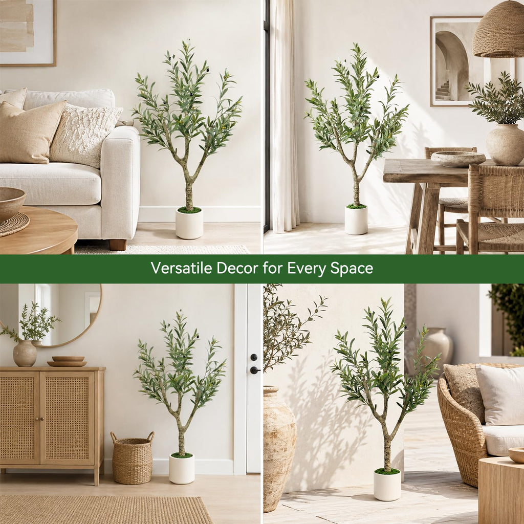 Olive Trees Artificial Indoor, 4ft Tall Olive Tree with White Planter, Faux olive tree with Natural Wood Trunk &