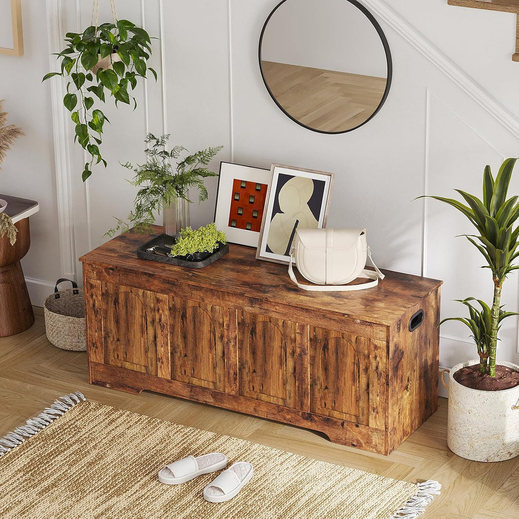 Storage Chest, Wooden Toy Box with Lid, 2 Soft-Close Hinges 47.2" | Entryway Shoe Bench, Finger-safe Flip-Top, Easy