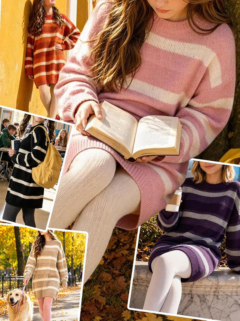 Striped Sweater Dress Crew Neck Long Sleeve Warm Pullover Casual Loose Cute Trendy Fall Winter Mini Dresses
