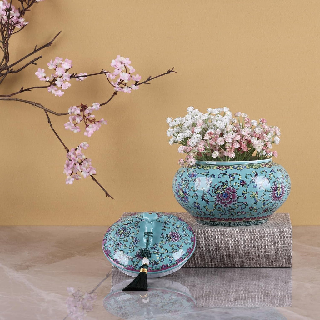 Decorative Ceramic Enamel Ginger Jar Decor - Blue and White Porcelain Storage Jar, Chinoiserie Flower Vase