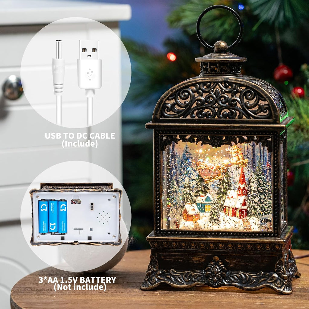 Christmas Village Snow Globe Lighted Flying Santa Scene, Musical Snow Water Lantern Swirling Glittering Home