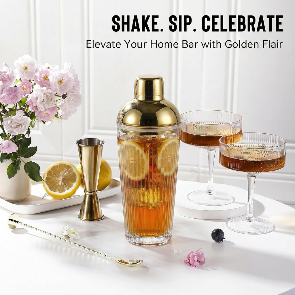 Gold Cocktail Shaker Set | 160oz Fashion Bartender Kit with Elegant Coupe Glasses, Gold Jigger, Mixing Spoon - Set of 3