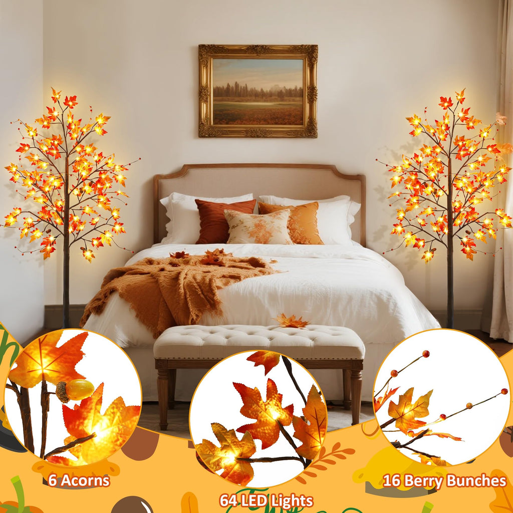 2 Pack LED Lighted Maple Tree, 5 FT Lighted Artificial Tree for Thanksgiving Harvest Fall Festival Halloween Home