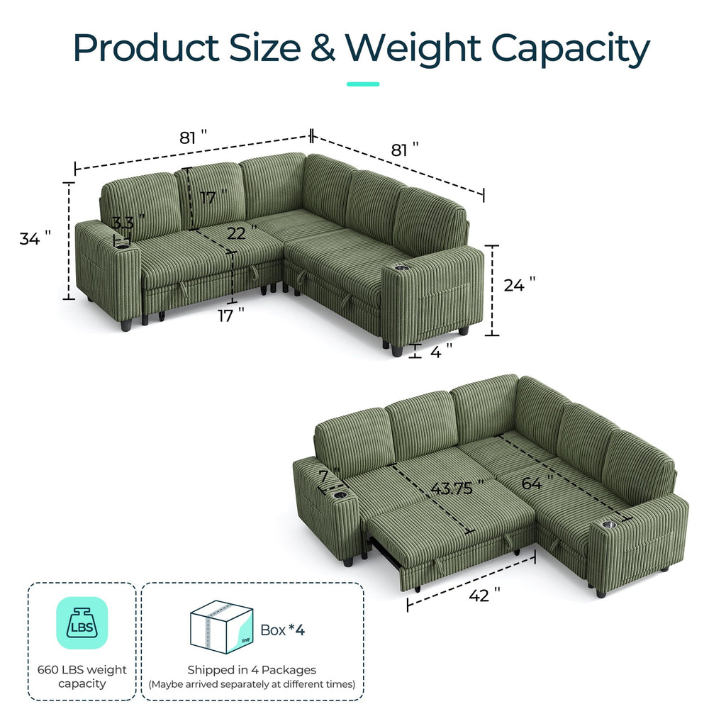 Pull Out Sofa Bed Sectional Sleeper Sofa with Storage, Plush Corduroy Pullout Modular Sectional Couches, L Shaped