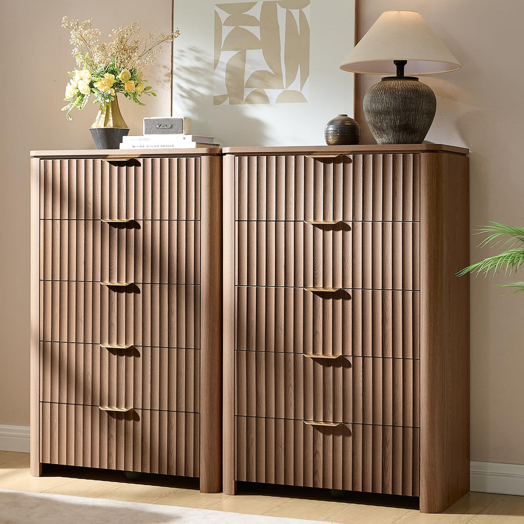 Fluted 5 Drawers Dresser, 45.3" Tall Modern Chest of Drawers with Metal Handle, Natural Wooden Dresser TV Stand Boho