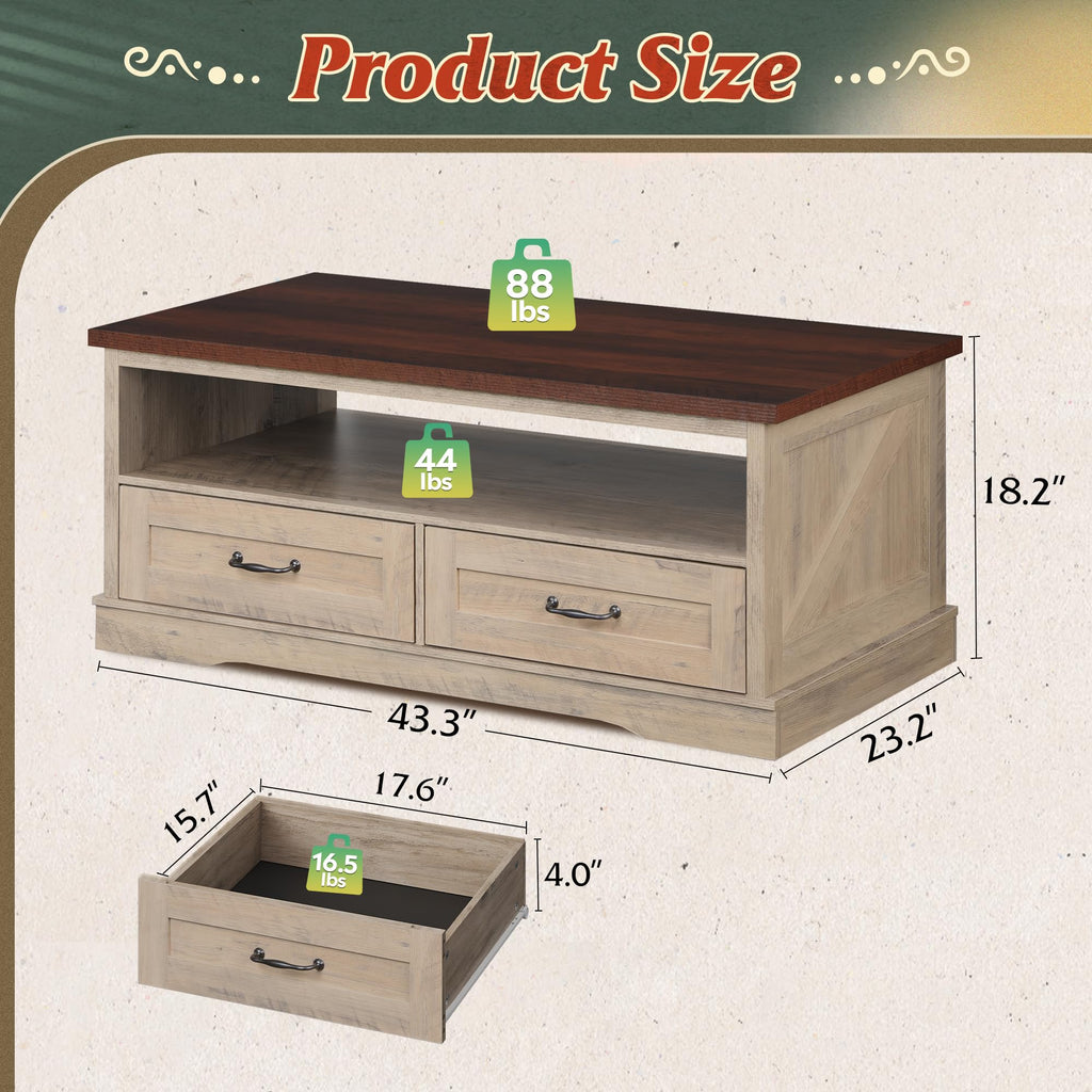 43" Coffee Table, Farmhouse Center Table with 2 Drawers, Grey
