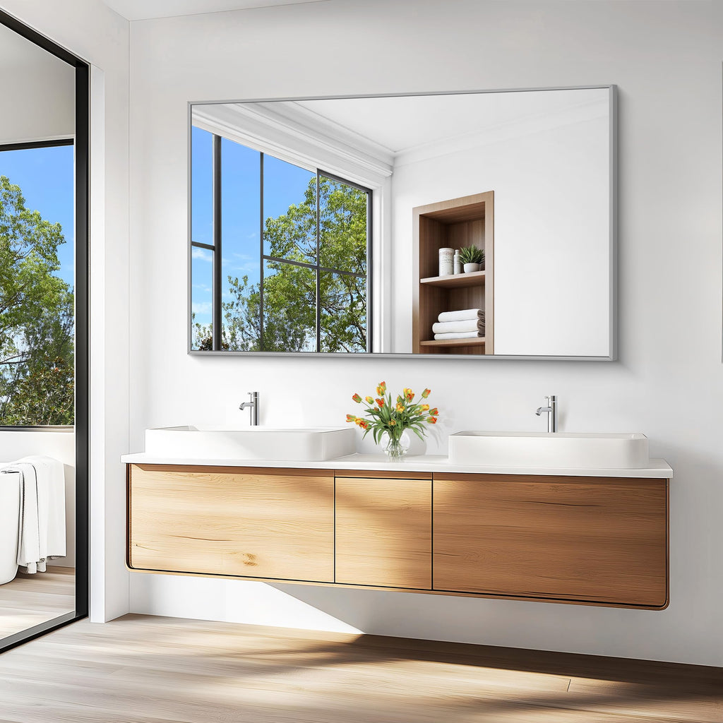 Silver Bathroom Mirror, 60"x36" Large Rectangle Bathroom Mirror for Wall, HD Tempered Glass, Anti-Rust Brushed Silver