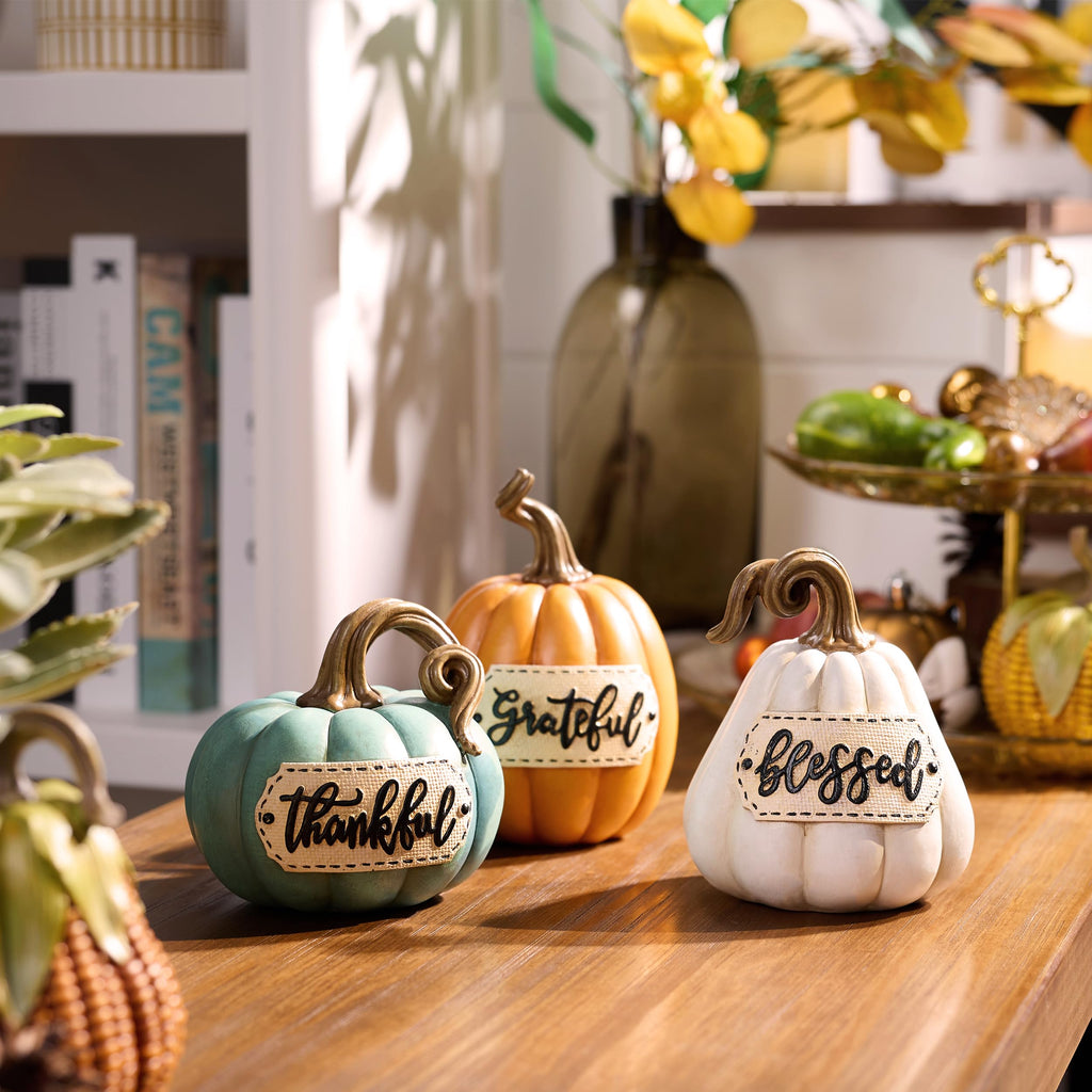 Pumpkins Fall Table Decor, Set of 3 Resin Decorative Pumpkins Figurines Decor Indoor Tabletop Centerpieces Harvest