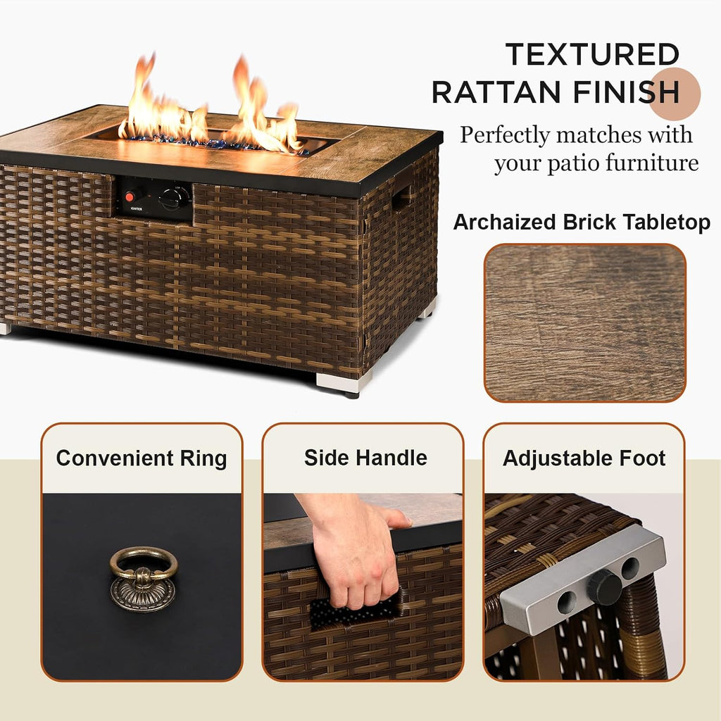 32'' Rattan Wicker Propane Fire Pit Table w/Tank Holder Rectangle | Handmade 2-Piece Wicker Fire Table for Outside