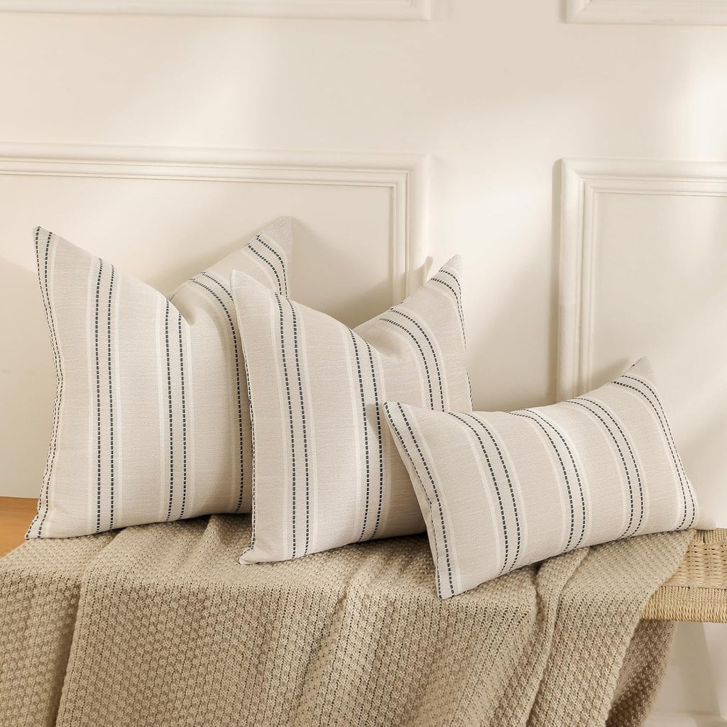 Decorative Pillow Covers 18x18 Striped Throw Pillows Textured Linen Pillow Covers Farmhouse Decor Cushion Covers, Grey