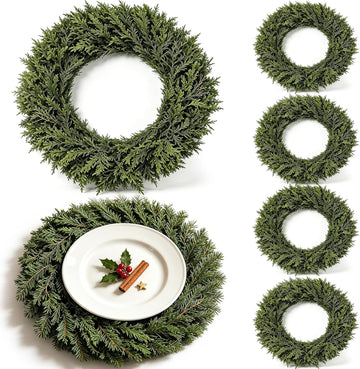 Christmas Placemats Set of 6 Artificial Cedar Wreath Charger Plates 19.7" Round Faux Greenery Branch Place Mats