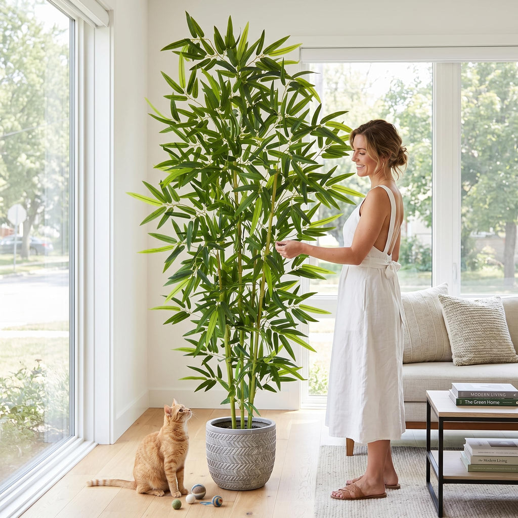 Artificial Bamboo Tree 7ft Green Fake Plant with White Planter