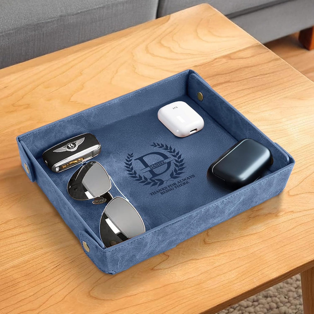 Engraved Leather Valet Tray for Men - Personalized Catchall with Custom Name for Desk, Dresser, Nightstand - Men's