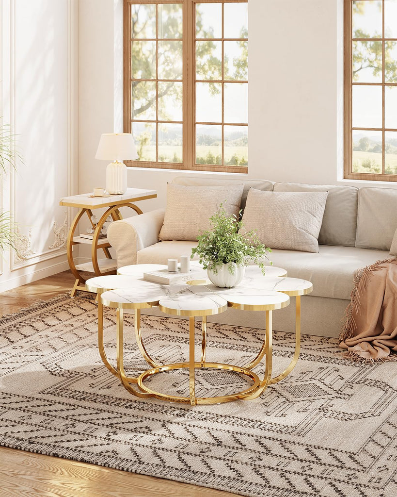 39.37-Inch White and Gold Coffee Table, Modern Flower-Shaped Center Table with Faux Marble Top & Metal Frame, Floral