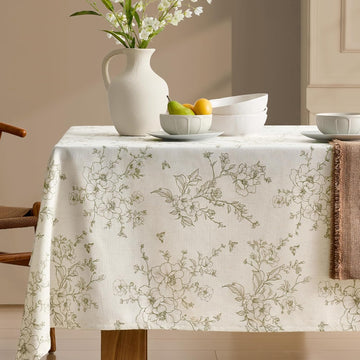 French Floral Tablecloths Rectangular Linen Table Cloth with Green Flowers Pattern Burlap Textured F
