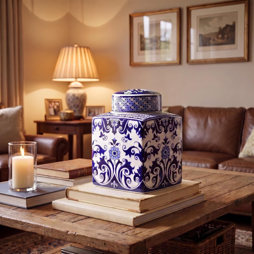 Decorative Square Ceramic Ginger Jar with Lid for Small Spaces, Blue and White