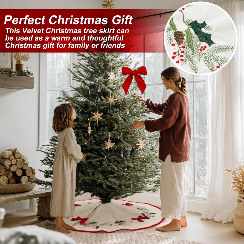 48 Inch Velvet Christmas Tree Skirt Red Bow Holly Embroidery