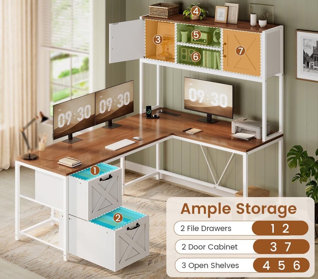 Reversible Farmhouse L Shaped Computer Desk with Drawers, Hutch