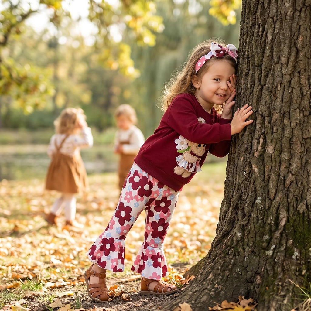 Baby Girl Clothes Bear Sweatshirt Flare Pants Set Fall Outfits