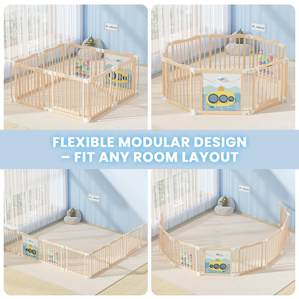 Foldable Wooden Playpen, 55 x 55 x 24 inches, Ocean Adventure, Natural | Adjustable Wood Baby Play Yard with