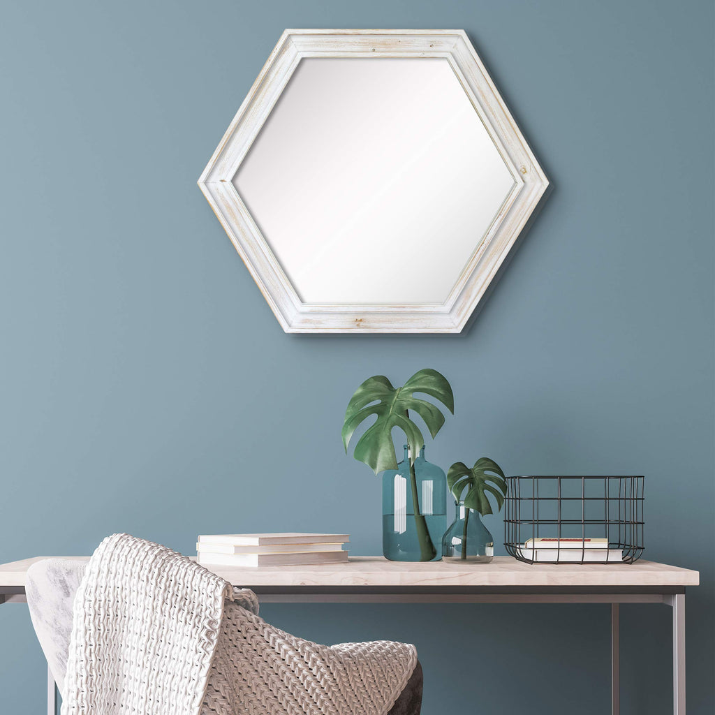 Decorative 24" Hexagon Wall Mirror with Worn White Wood Frame and Attached Hanging Bracket, Decorative Country Rustic